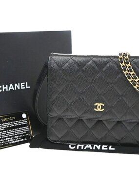 CHANEL CC Logo Chain Wallet Shoulder Bag Leather Black Italy 357RP240